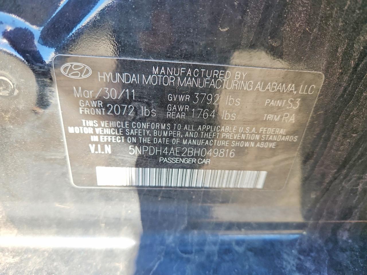 2011 Hyundai Elantra Limited Black vin: 5NPDH4AE2BH049816