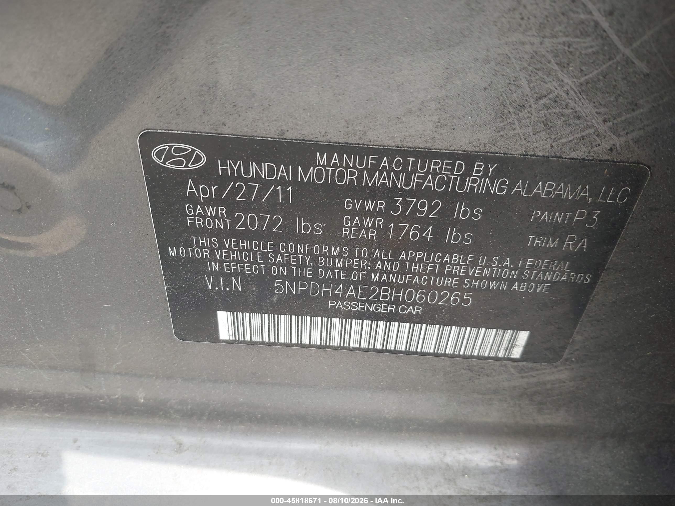 2011 Hyundai Elantra Gls Gray vin: 5NPDH4AE2BH060265