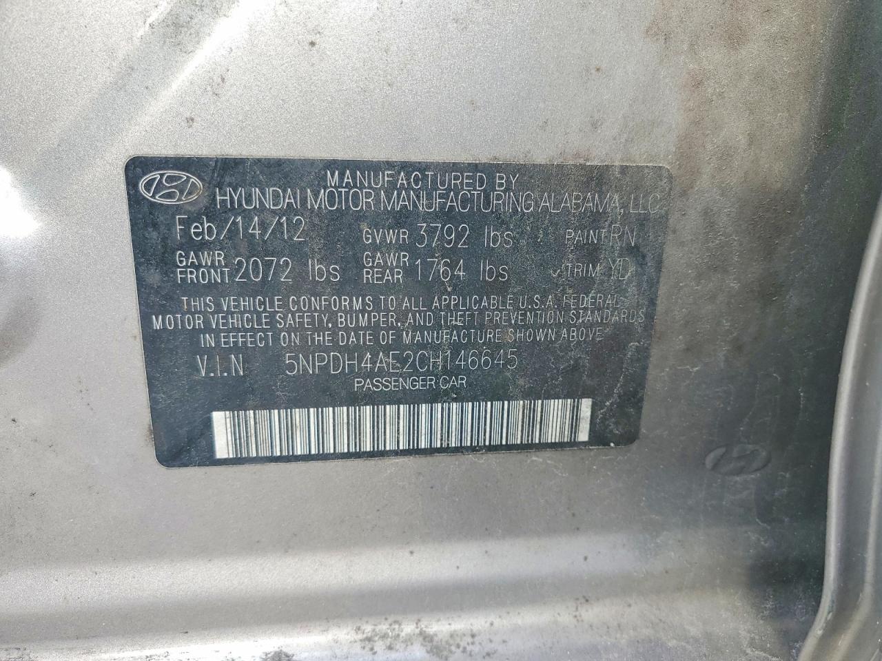 2012 Hyundai Elantra Gls Gray vin: 5NPDH4AE2CH146645