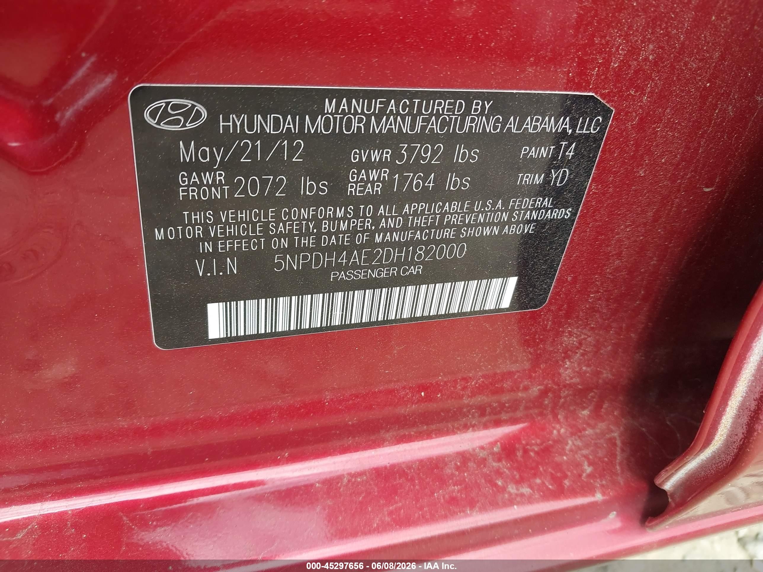2013 Hyundai Elantra Gls Red vin: 5NPDH4AE2DH182000