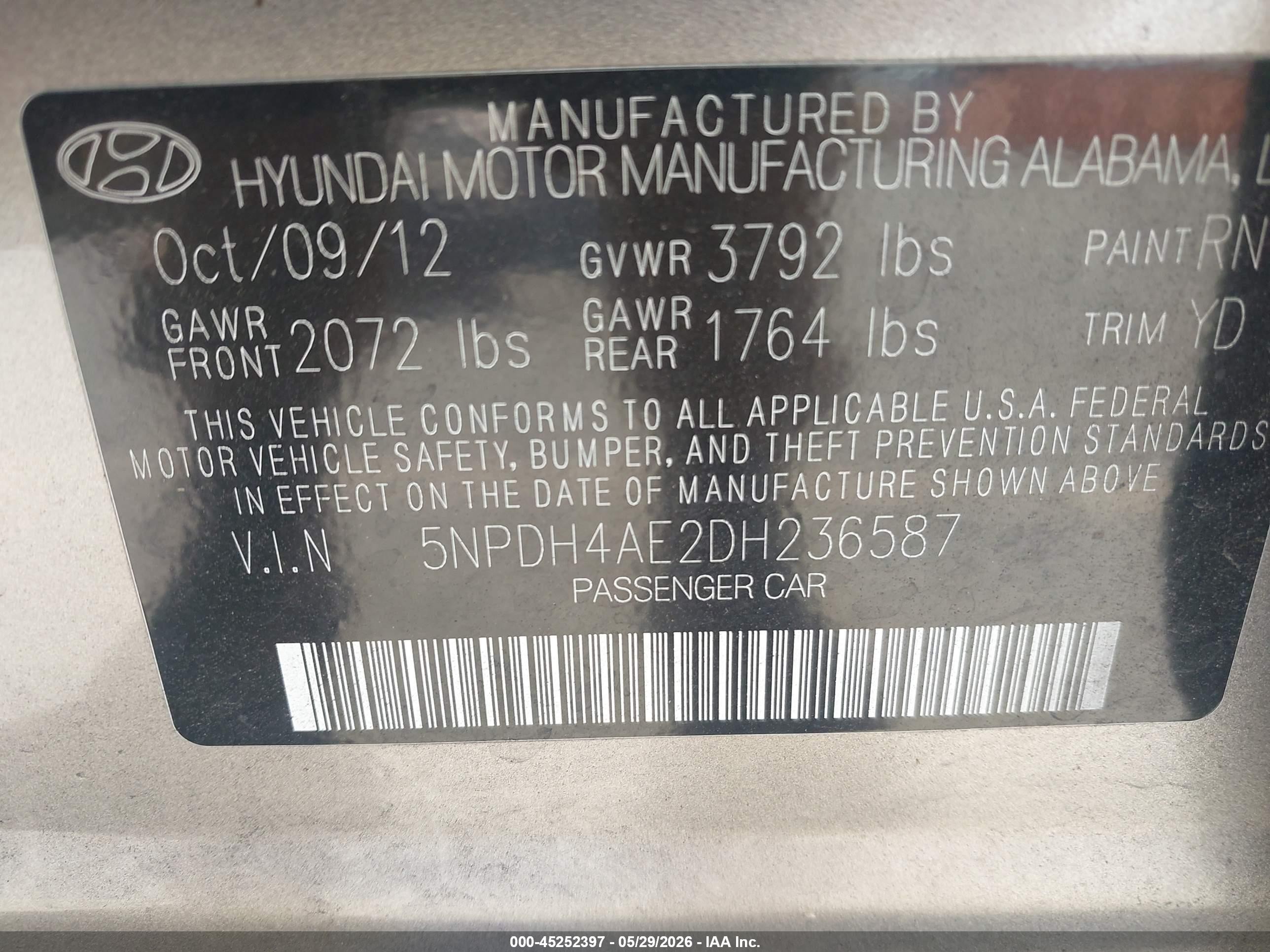 2013 Hyundai Elantra Limited Gold vin: 5NPDH4AE2DH236587