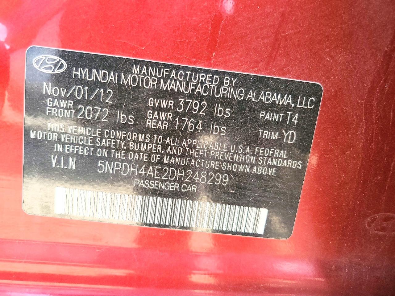 2013 Hyundai Elantra Gls Red vin: 5NPDH4AE2DH248299