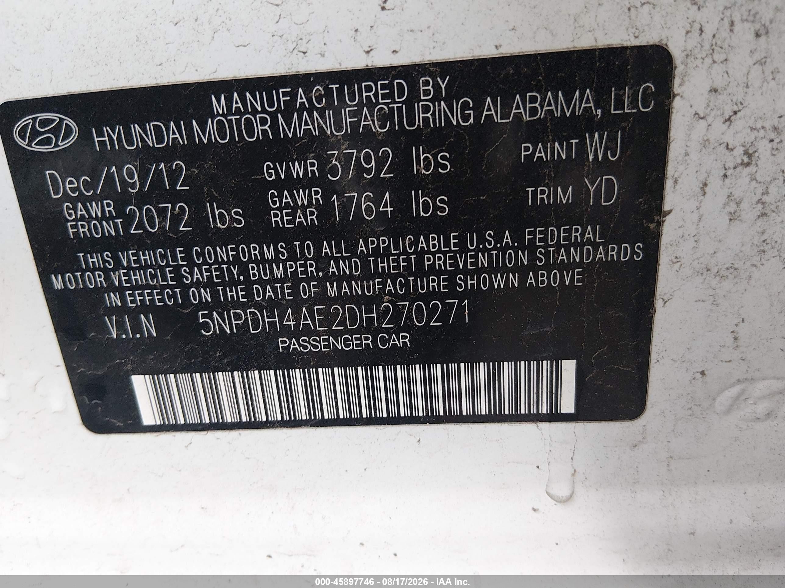 2013 Hyundai Elantra Limited White vin: 5NPDH4AE2DH270271