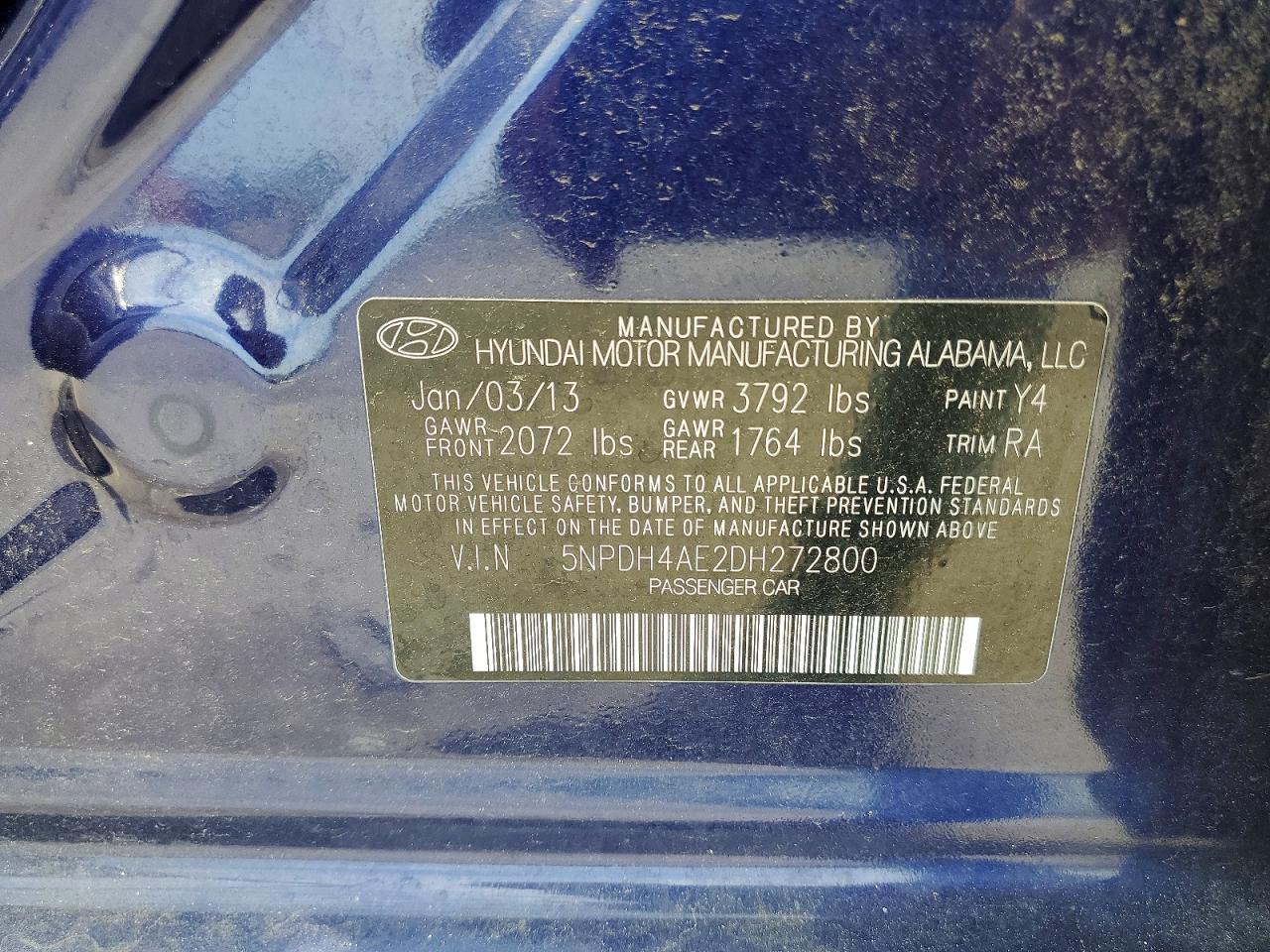 2013 Hyundai Elantra Gls Blue vin: 5NPDH4AE2DH272800