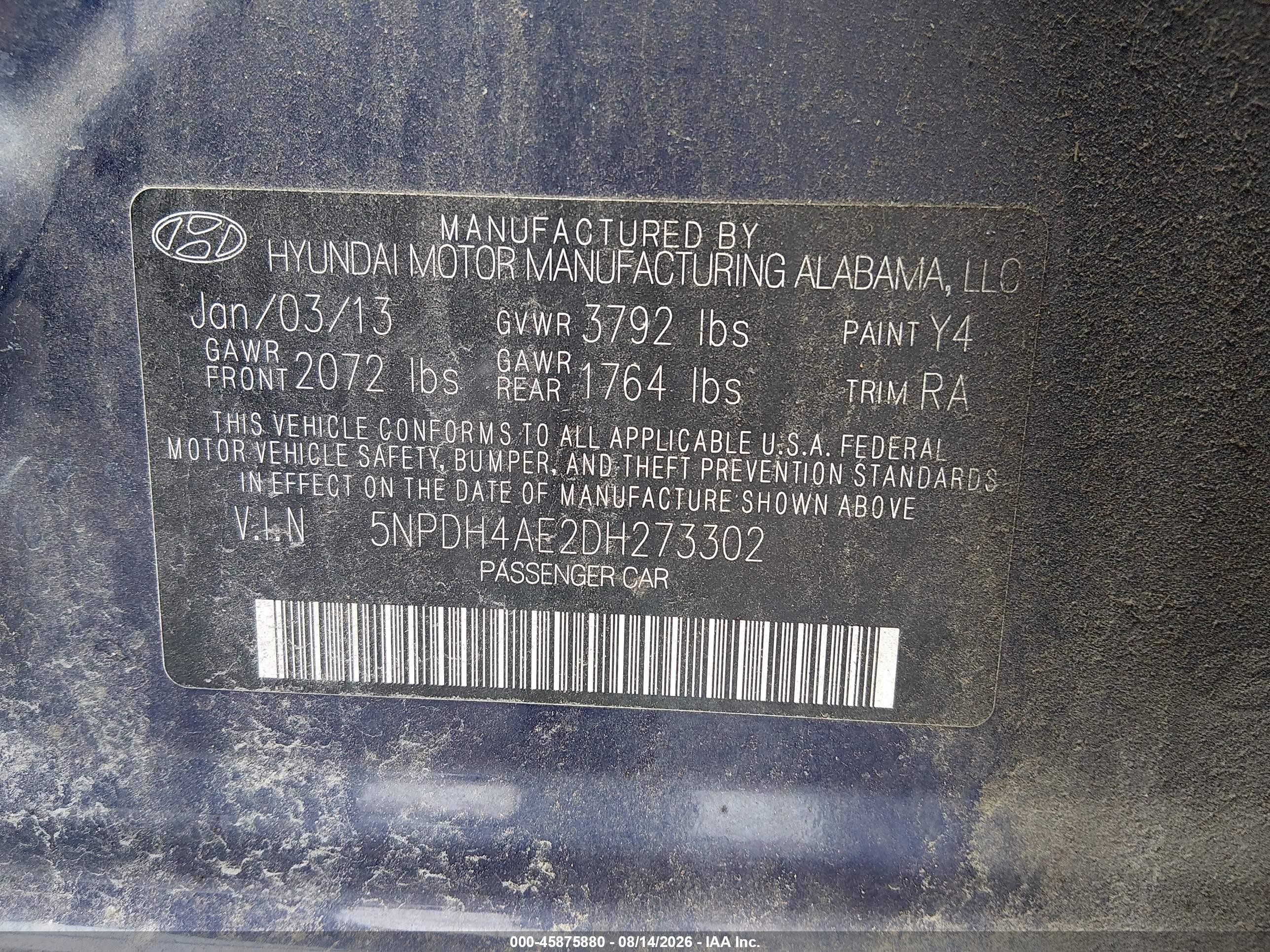2013 Hyundai Elantra Limited Blue vin: 5NPDH4AE2DH273302