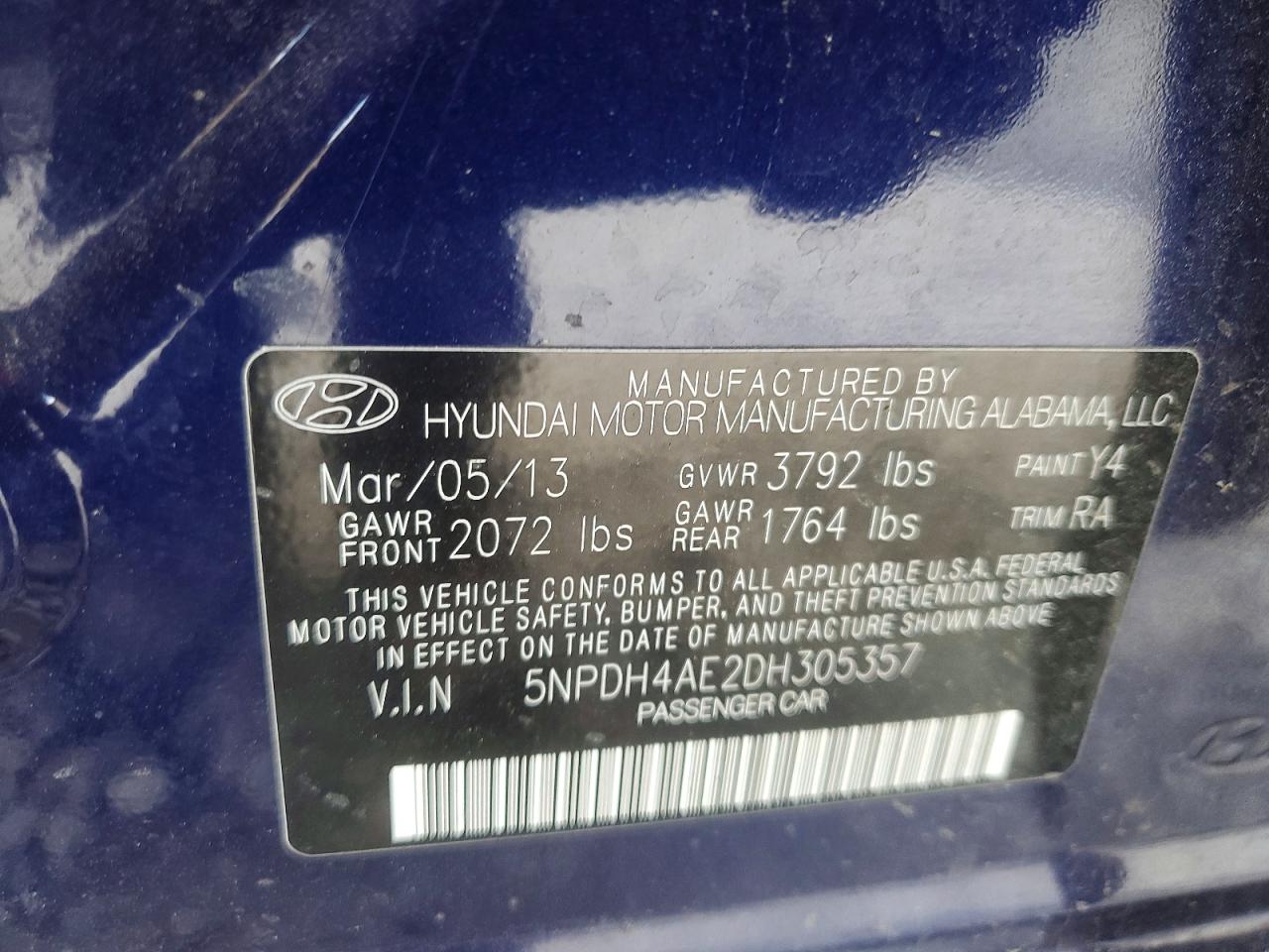 2013 Hyundai Elantra Gls Blue vin: 5NPDH4AE2DH305357