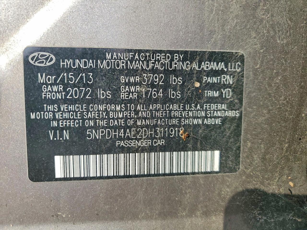 2013 Hyundai Elantra Gls Gray vin: 5NPDH4AE2DH311918