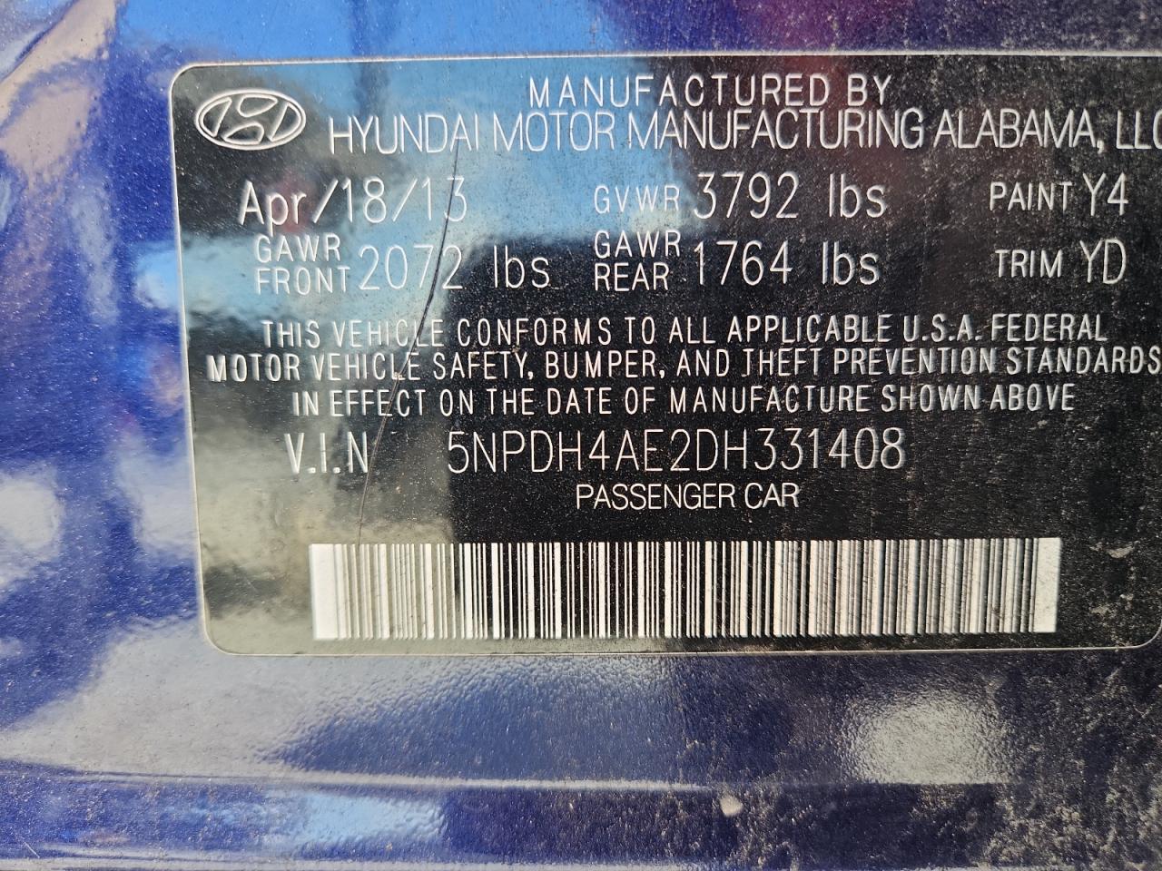 2013 Hyundai Elantra Gls Blue vin: 5NPDH4AE2DH331408