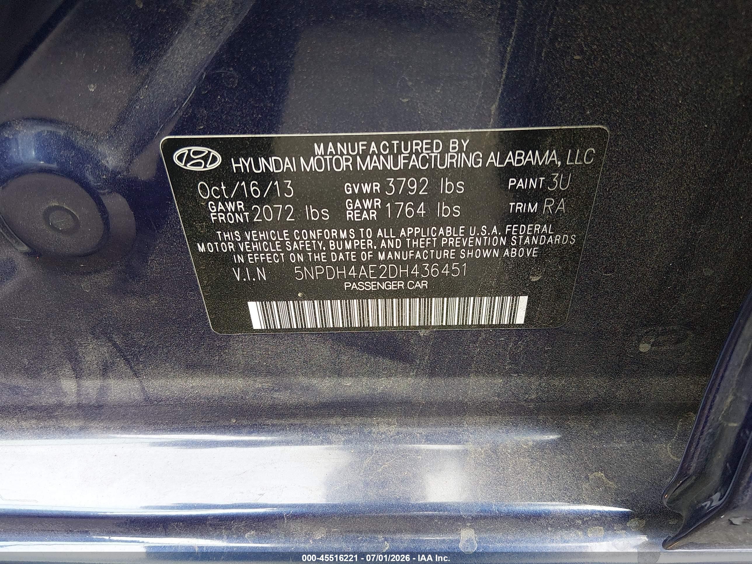 2013 Hyundai Elantra Limited Синий vin: 5NPDH4AE2DH436451
