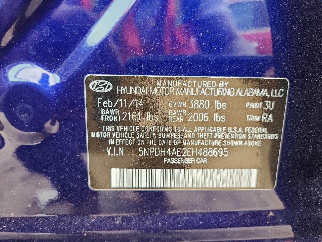2014 Hyundai Elantra Se Blue vin: 5NPDH4AE2EH488695