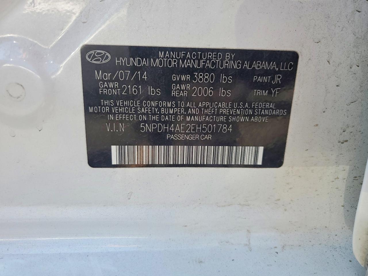 2014 Hyundai Elantra Se White vin: 5NPDH4AE2EH501784