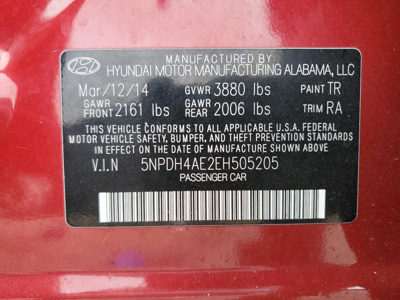 2014 Hyundai Elantra Se Red vin: 5NPDH4AE2EH505205