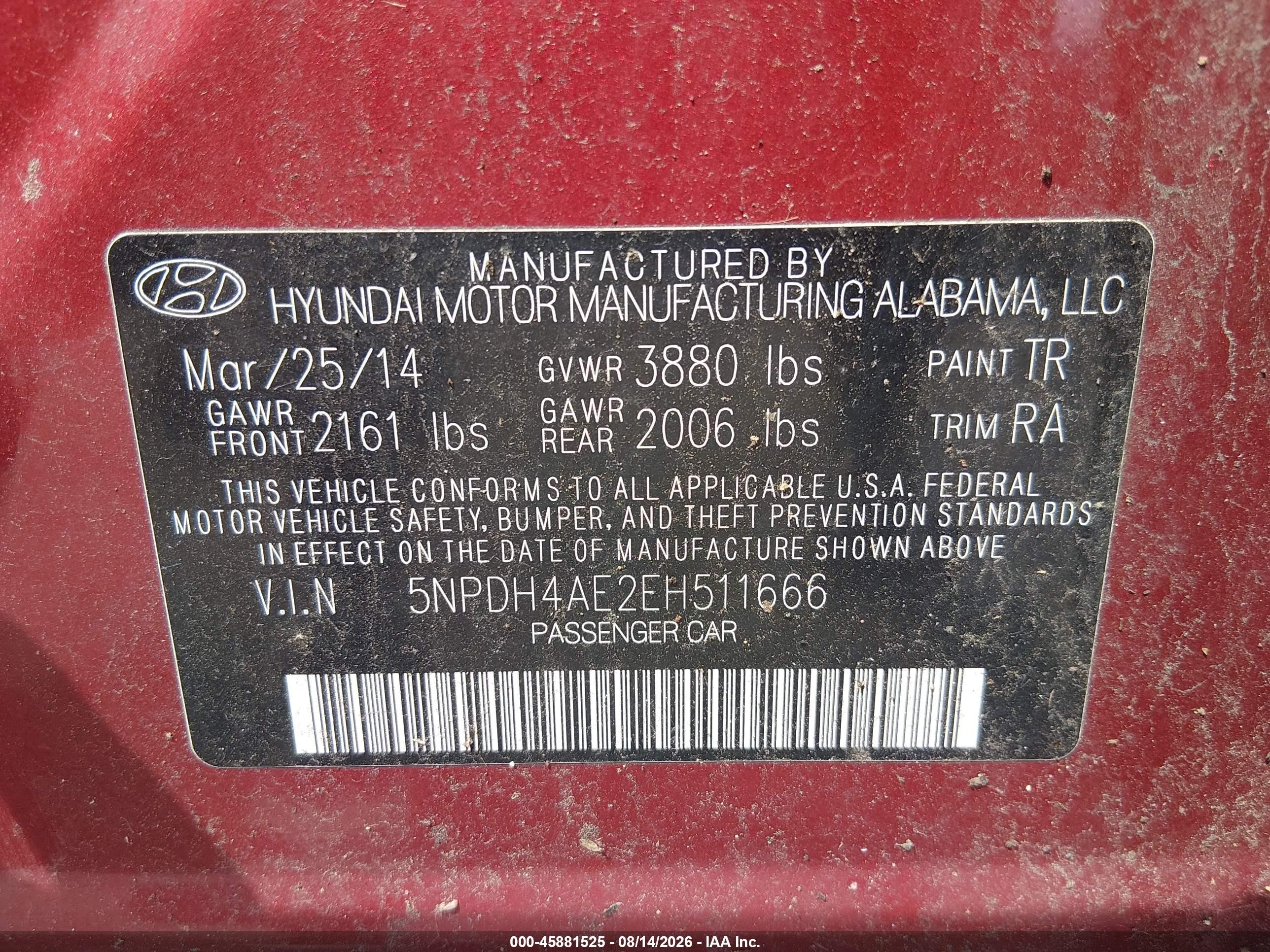 2014 Hyundai Elantra Se Red vin: 5NPDH4AE2EH511666