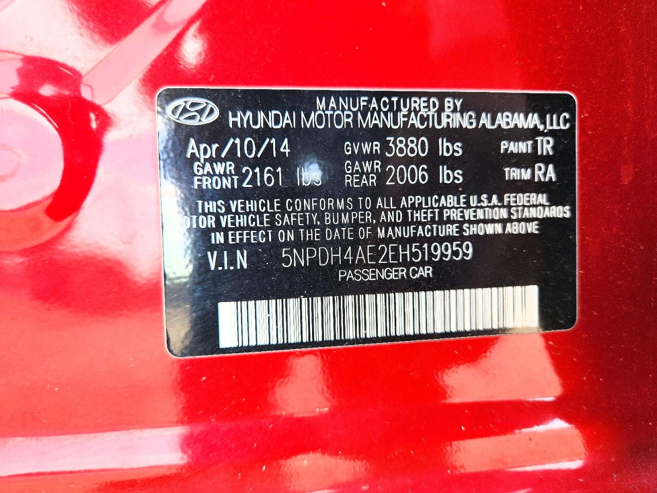 2014 Hyundai Elantra Se Red vin: 5NPDH4AE2EH519959