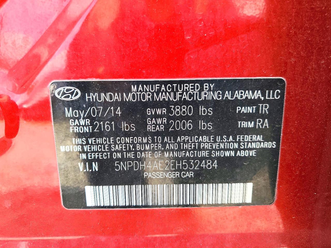 2014 Hyundai Elantra Se Red vin: 5NPDH4AE2EH532484