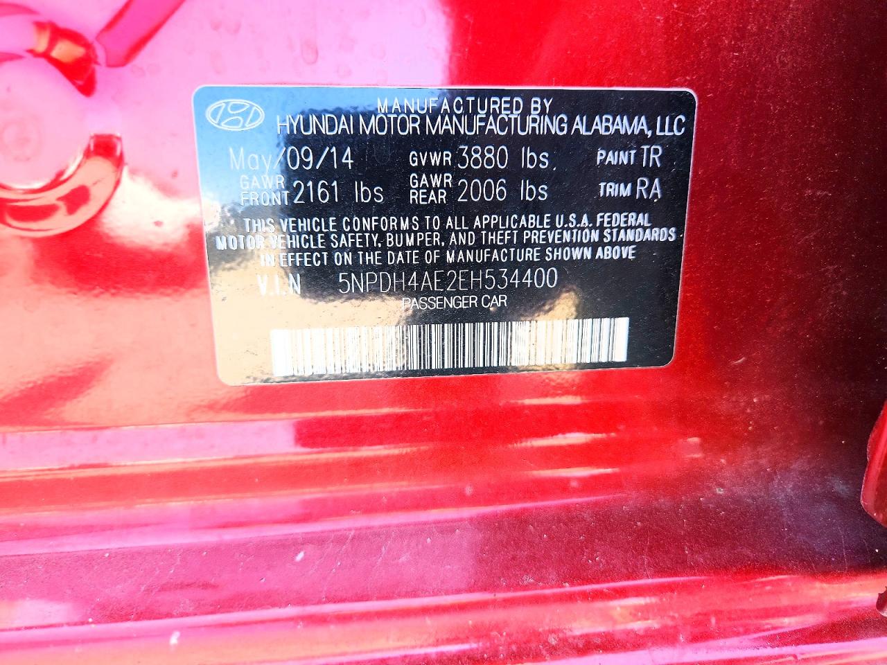 2014 Hyundai Elantra Se Red vin: 5NPDH4AE2EH534400