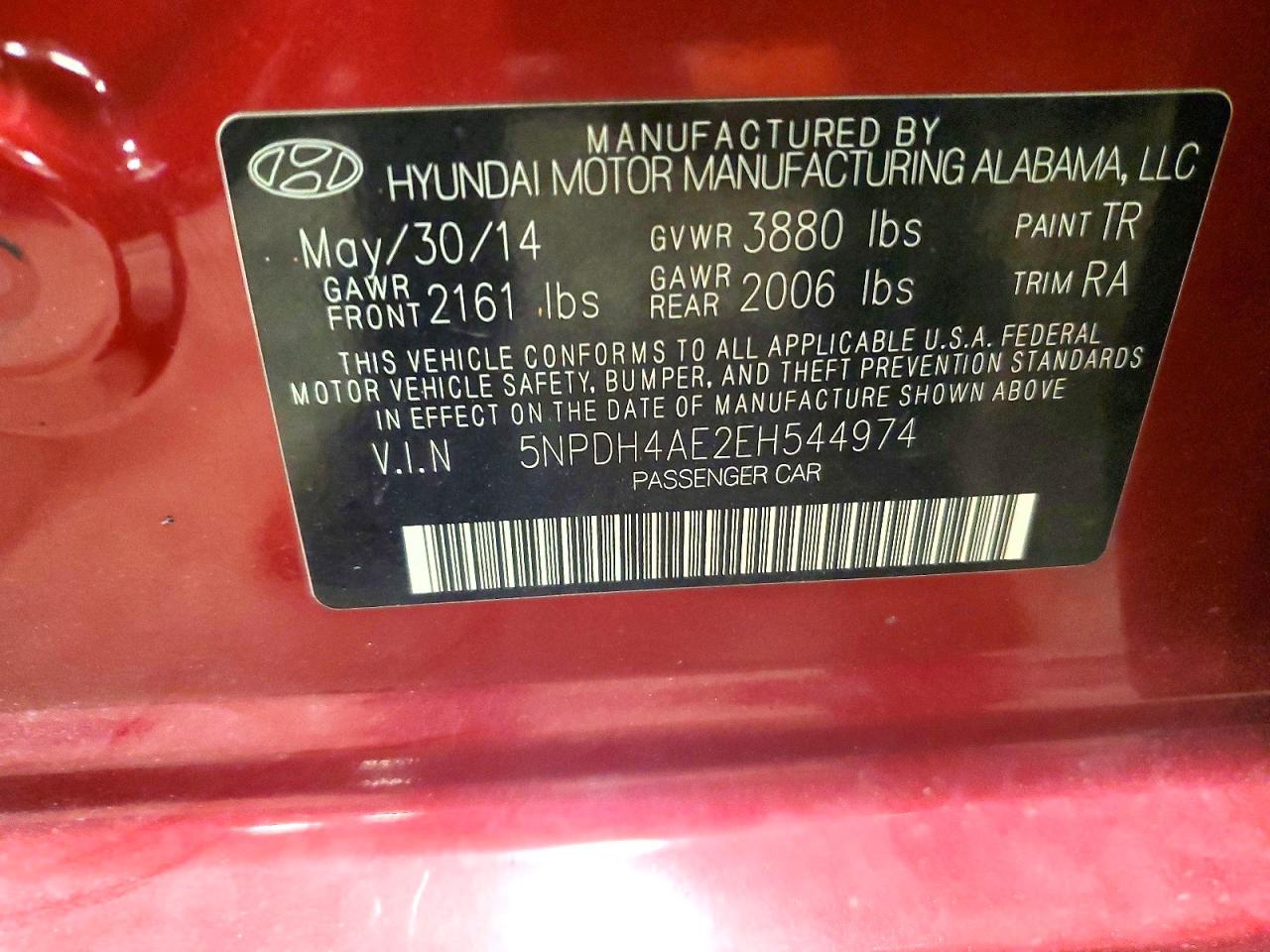 2014 Hyundai Elantra Se Red vin: 5NPDH4AE2EH544974