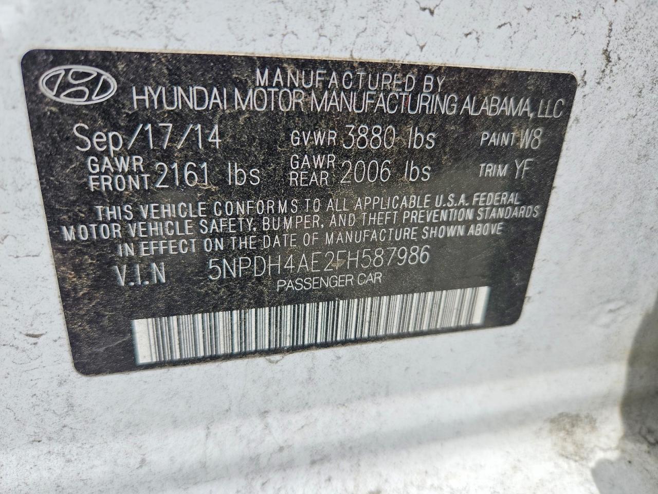 2015 Hyundai Elantra Se White vin: 5NPDH4AE2FH587986