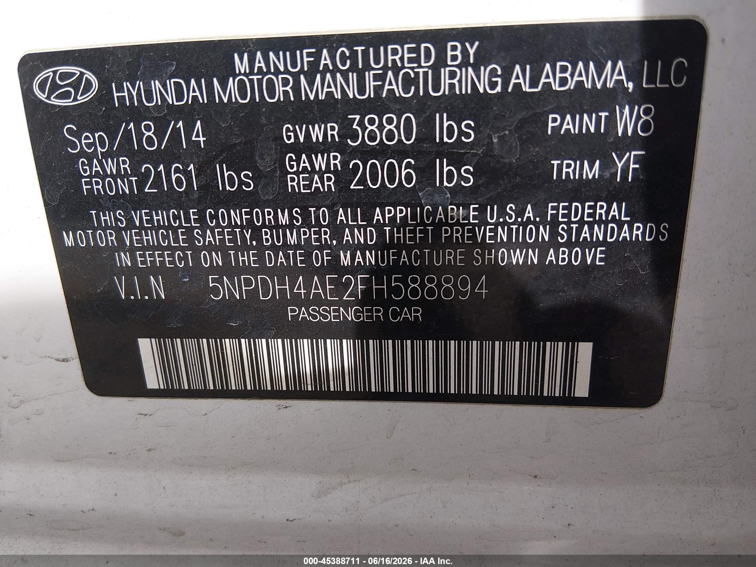 2015 Hyundai Elantra Se White vin: 5NPDH4AE2FH588894