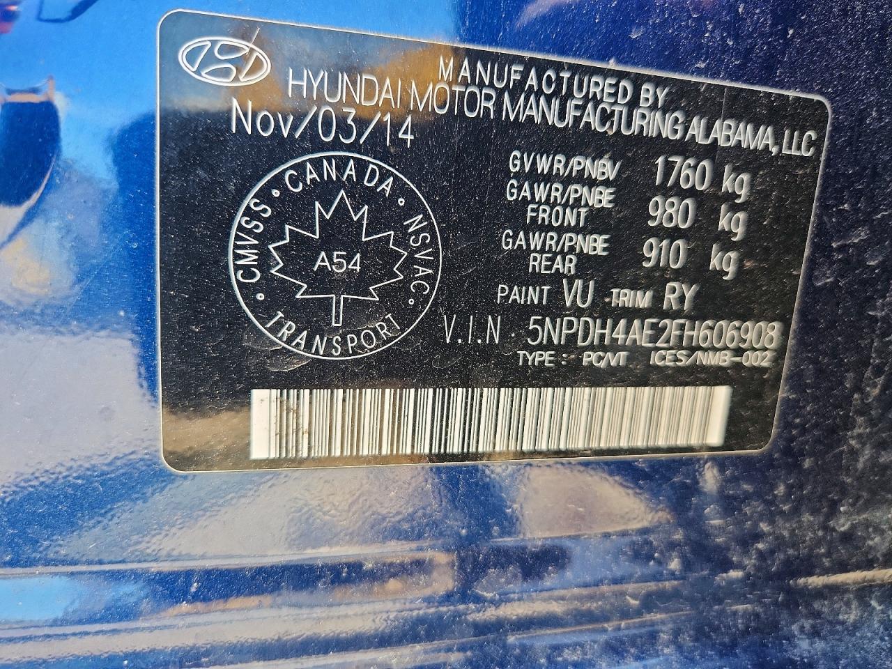 2015 Hyundai Elantra Se/sport/limited Blue vin: 5NPDH4AE2FH606908