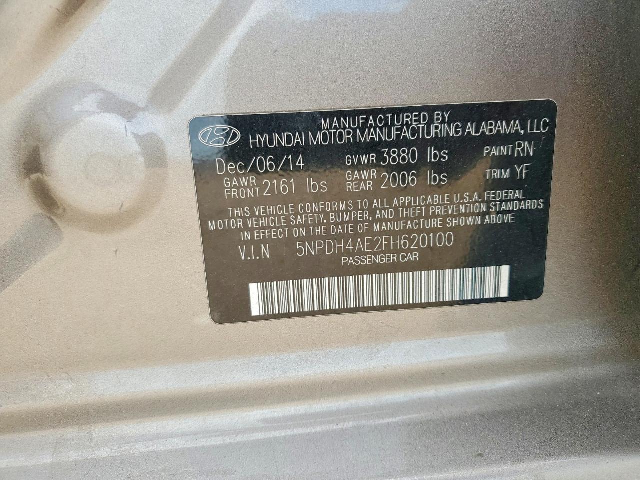 2015 Hyundai Elantra Se Tan vin: 5NPDH4AE2FH620100