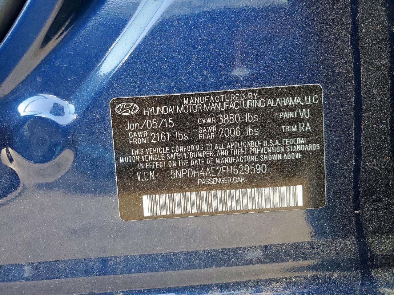 2015 Hyundai Elantra Se Blue vin: 5NPDH4AE2FH629590