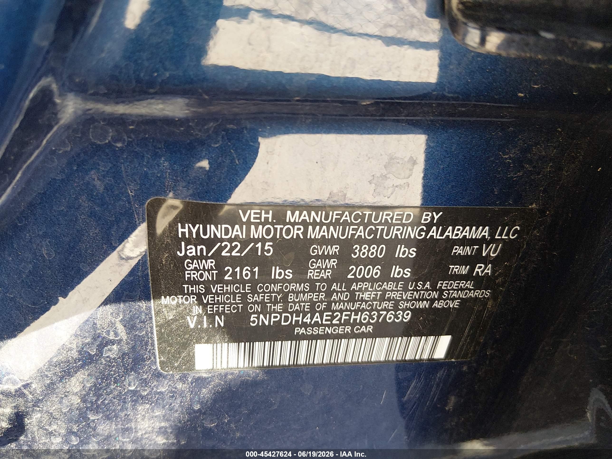 2015 Hyundai Elantra Se Dark Blue vin: 5NPDH4AE2FH637639