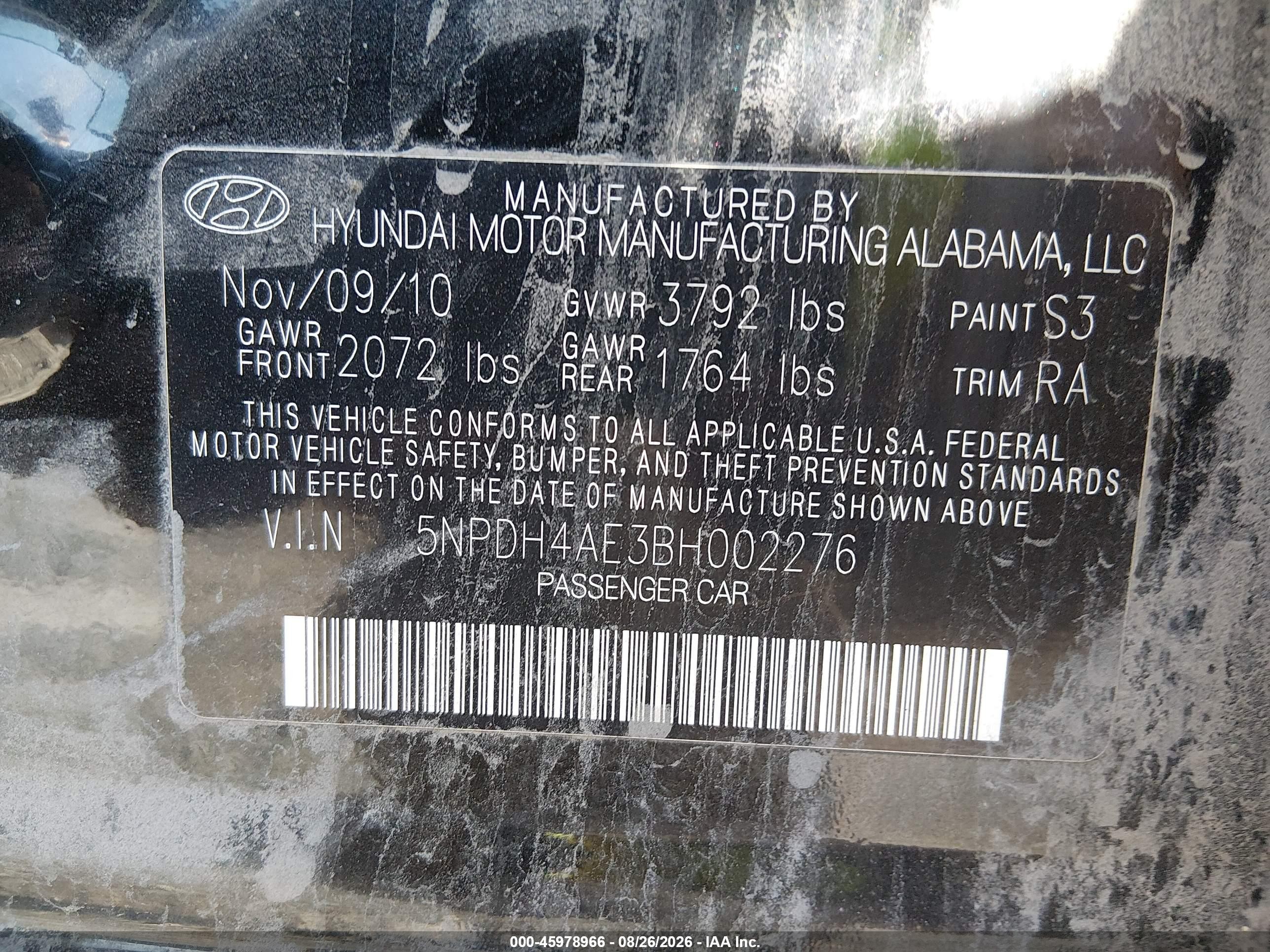 2011 Hyundai Elantra Gls Black vin: 5NPDH4AE3BH002276