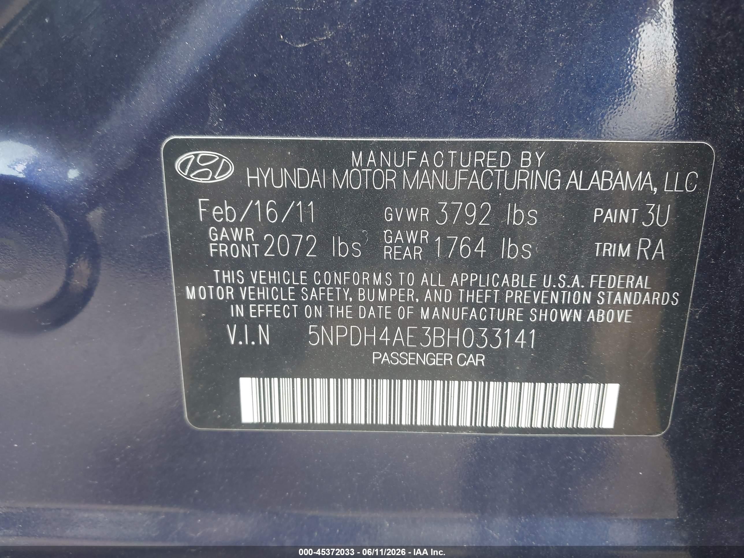 2011 Hyundai Elantra Gls Blue vin: 5NPDH4AE3BH033141