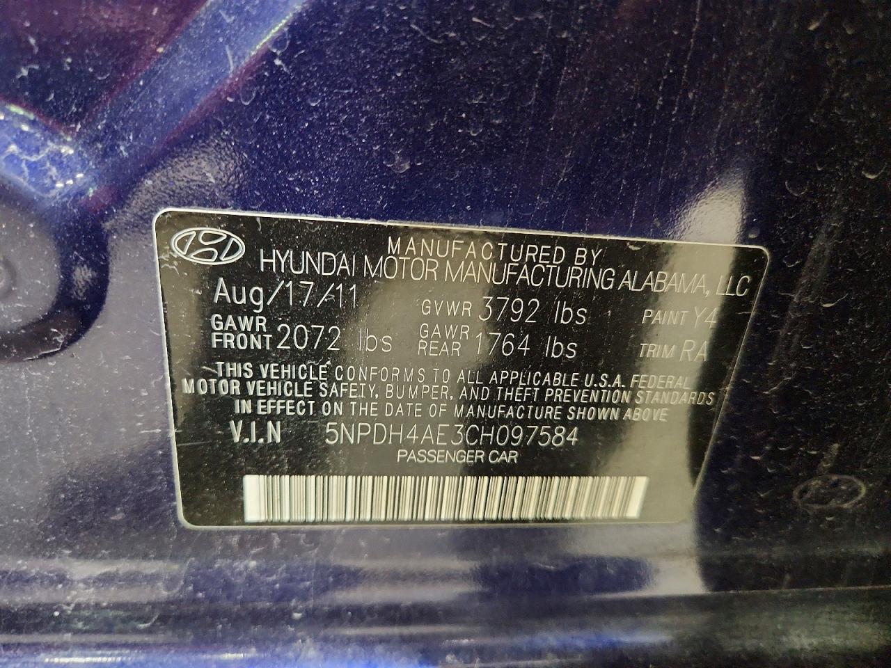 2012 Hyundai Elantra Limited Blue vin: 5NPDH4AE3CH097584