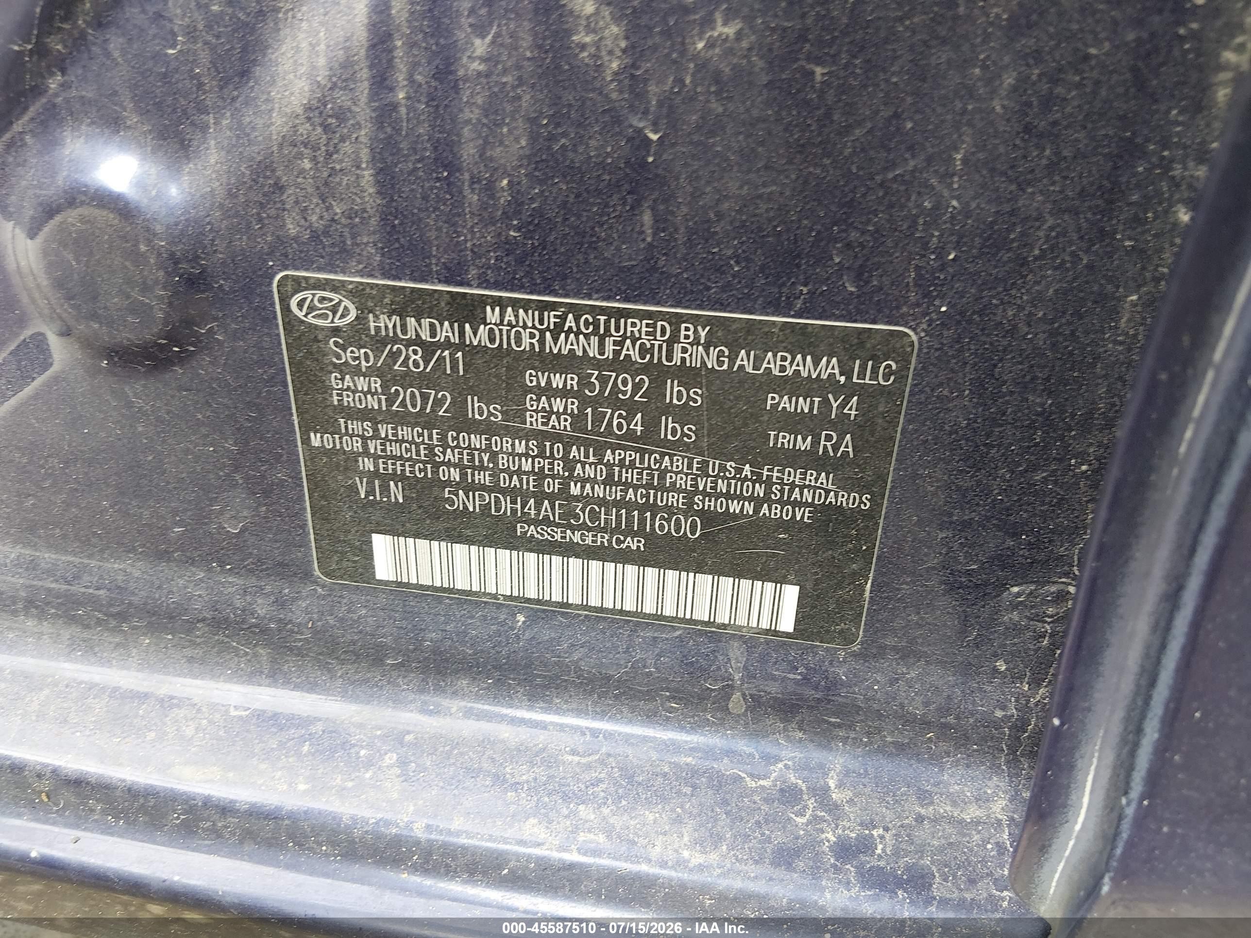 2012 Hyundai Elantra Limited Blue vin: 5NPDH4AE3CH111600