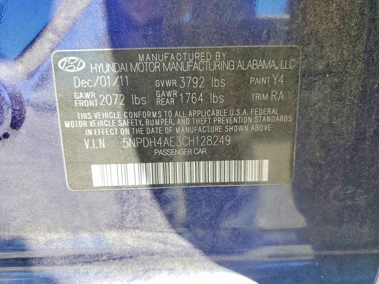 2012 Hyundai Elantra Gls Blue vin: 5NPDH4AE3CH128249