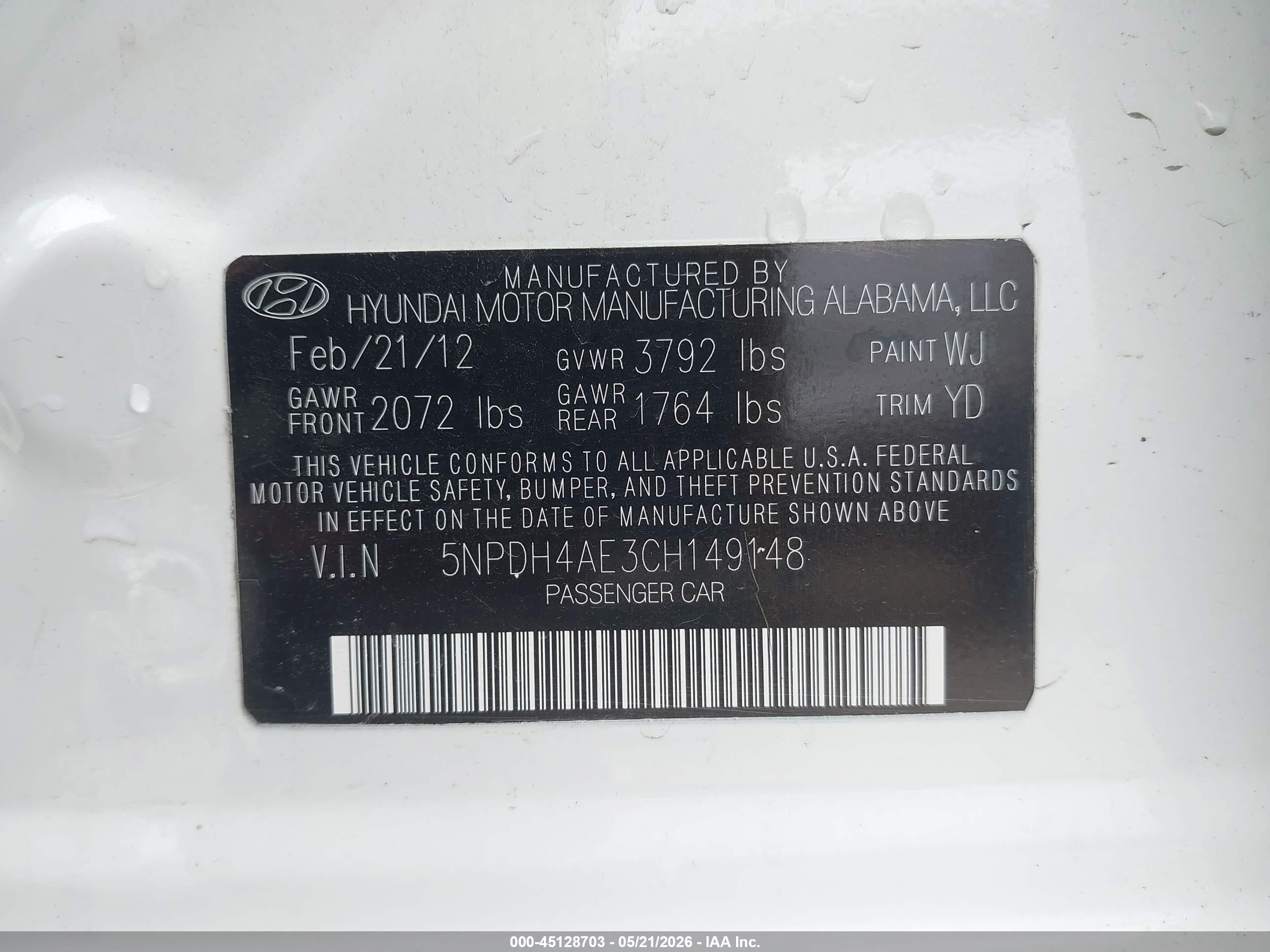 2012 Hyundai Elantra Gls White vin: 5NPDH4AE3CH149148