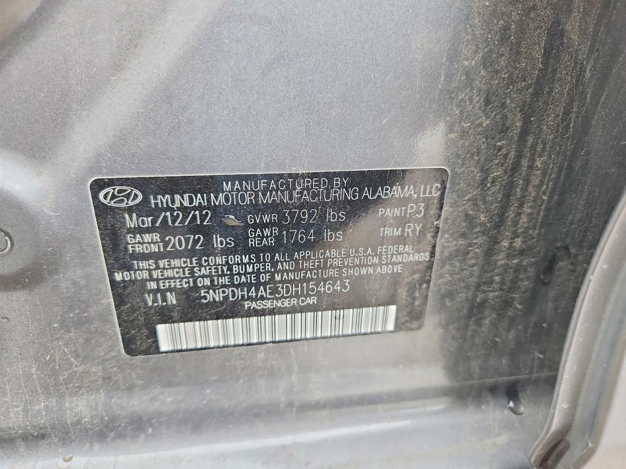 2013 Hyundai Elantra Limited Gray vin: 5NPDH4AE3DH154643