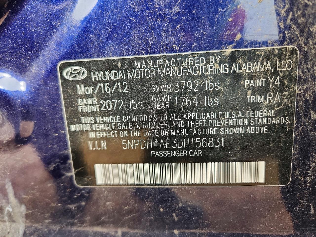 2013 Hyundai Elantra Limited Blue vin: 5NPDH4AE3DH156831
