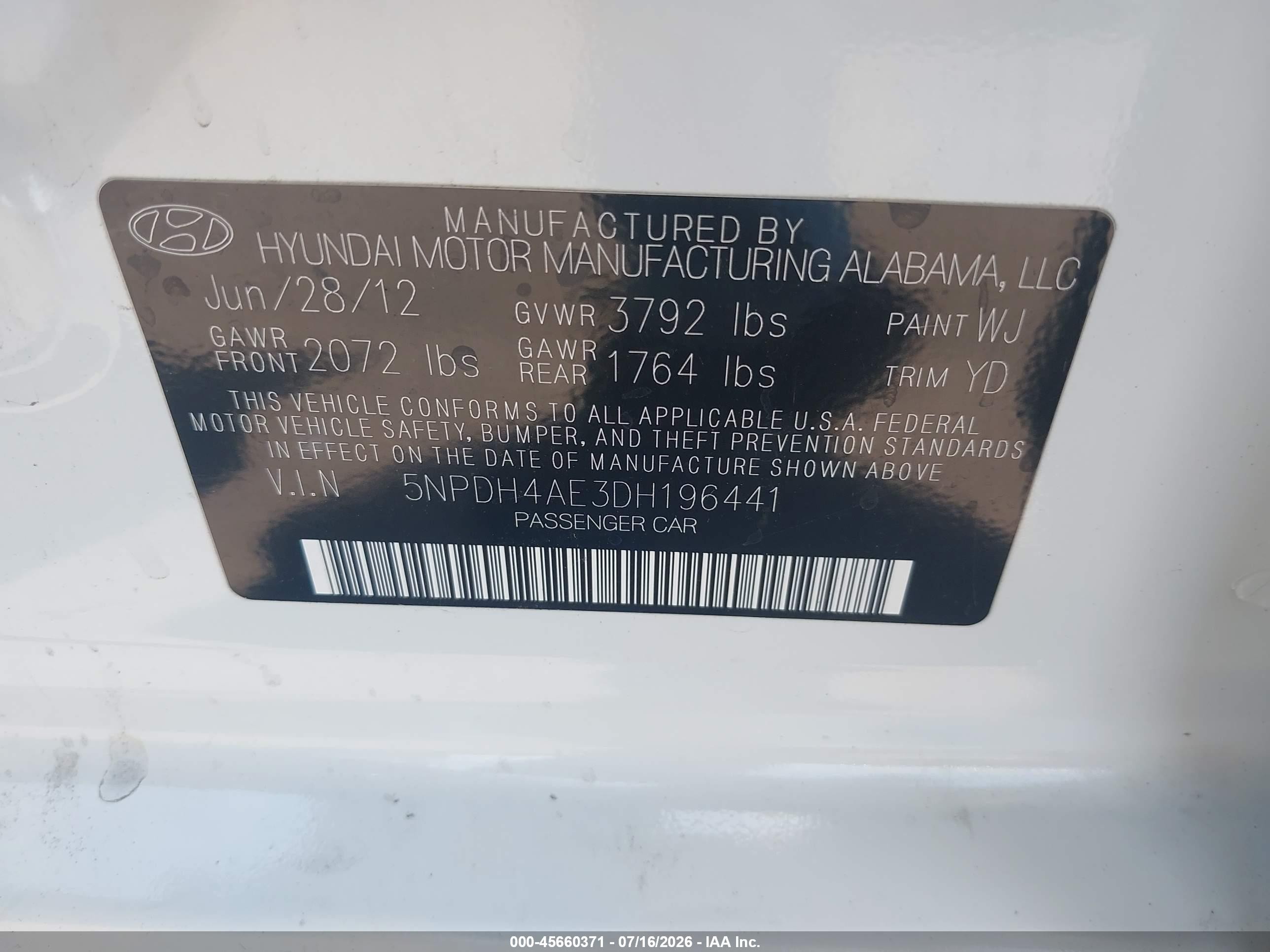 2013 Hyundai Elantra Limited White vin: 5NPDH4AE3DH196441