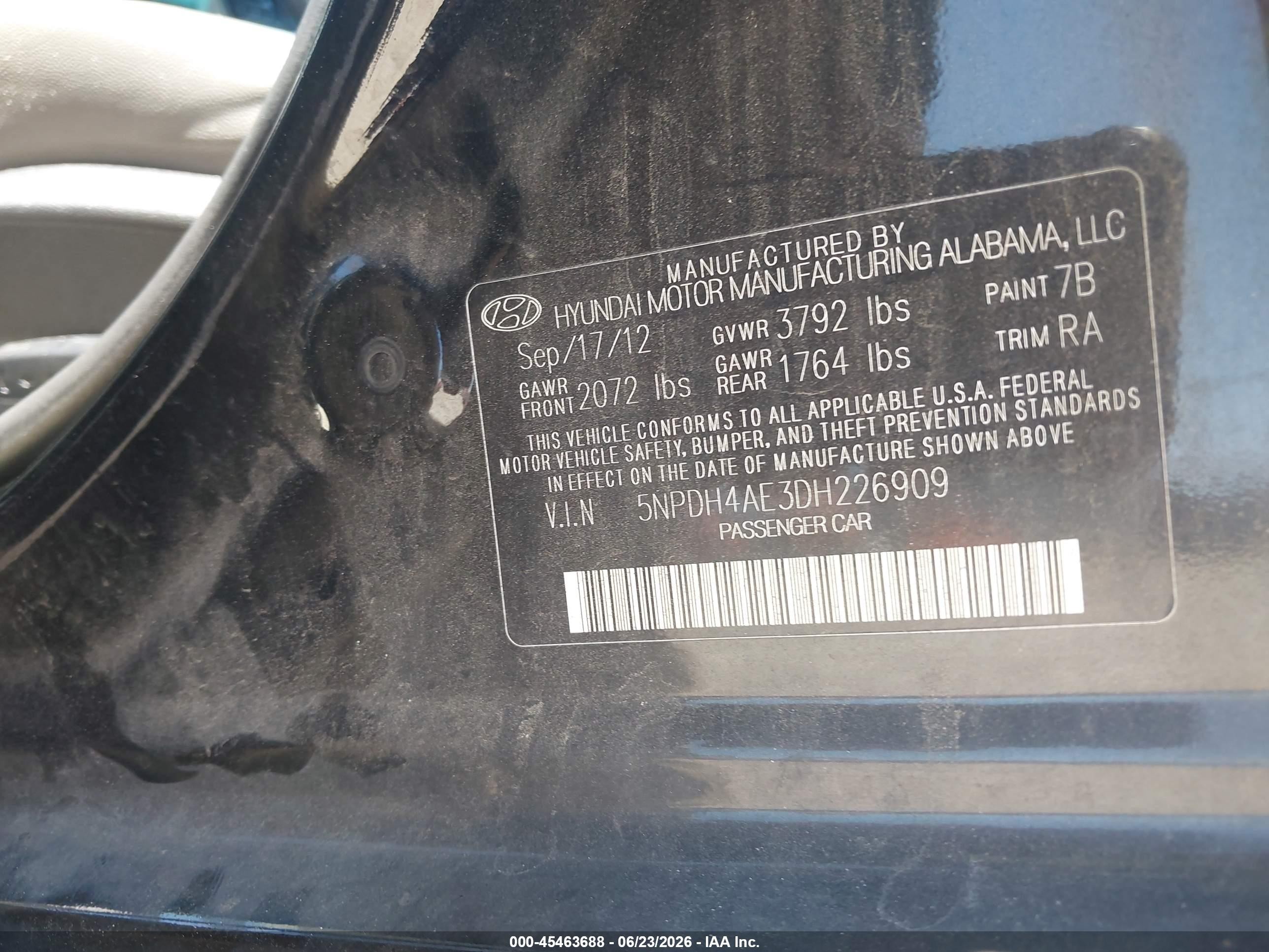 2013 Hyundai Elantra Limited Black vin: 5NPDH4AE3DH226909