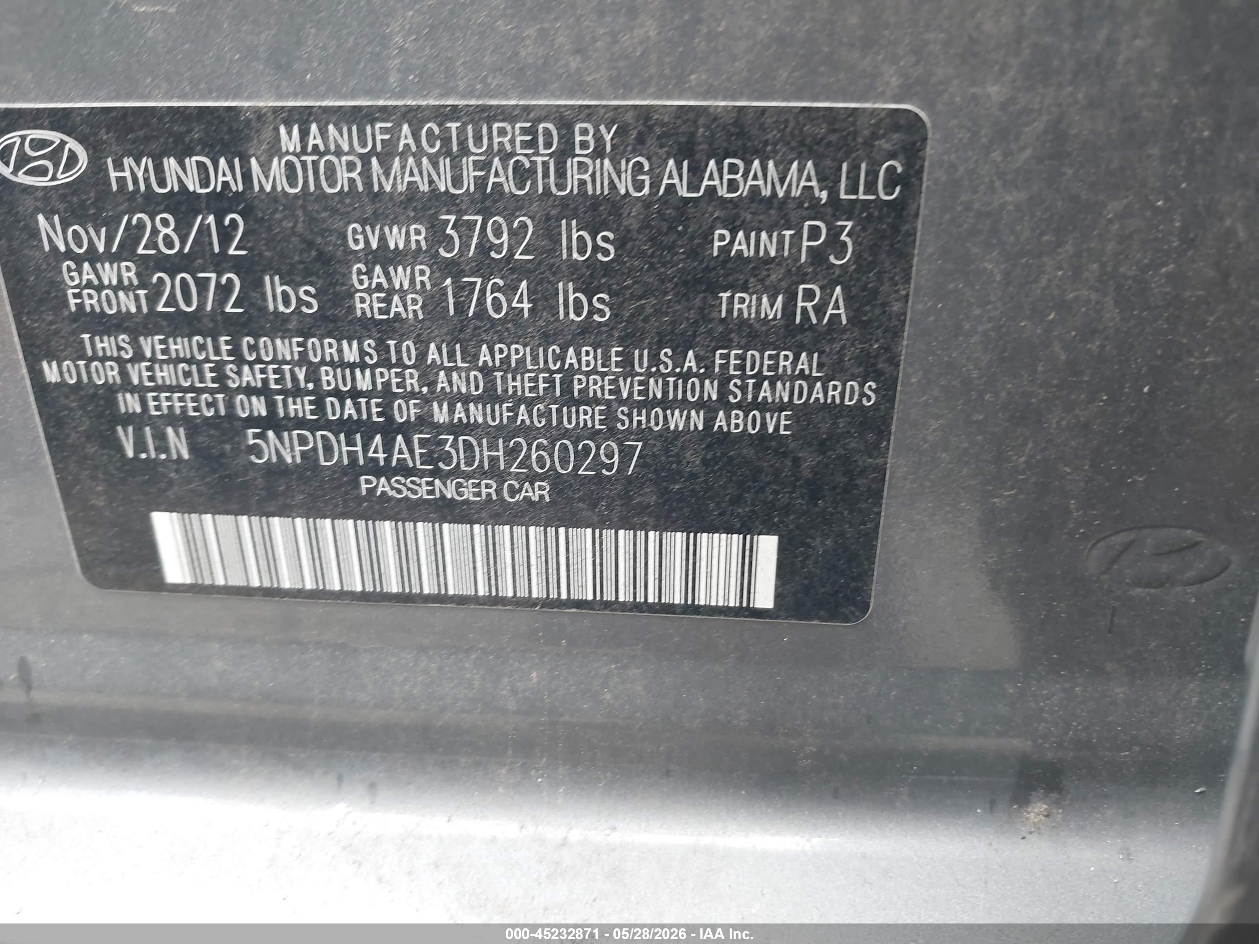 2013 Hyundai Elantra Gls Gray vin: 5NPDH4AE3DH260297