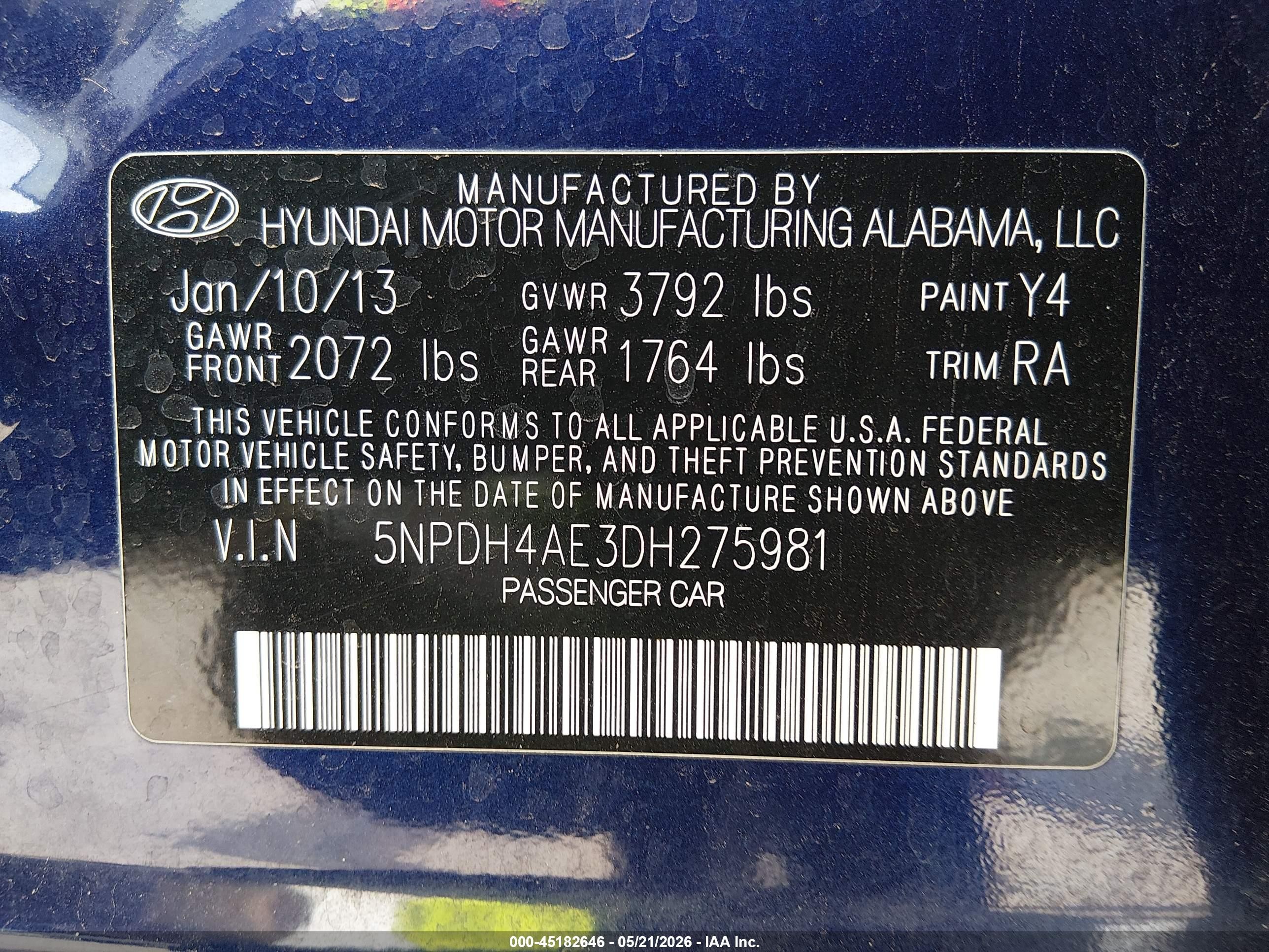 2013 Hyundai Elantra Gls Blue vin: 5NPDH4AE3DH275981