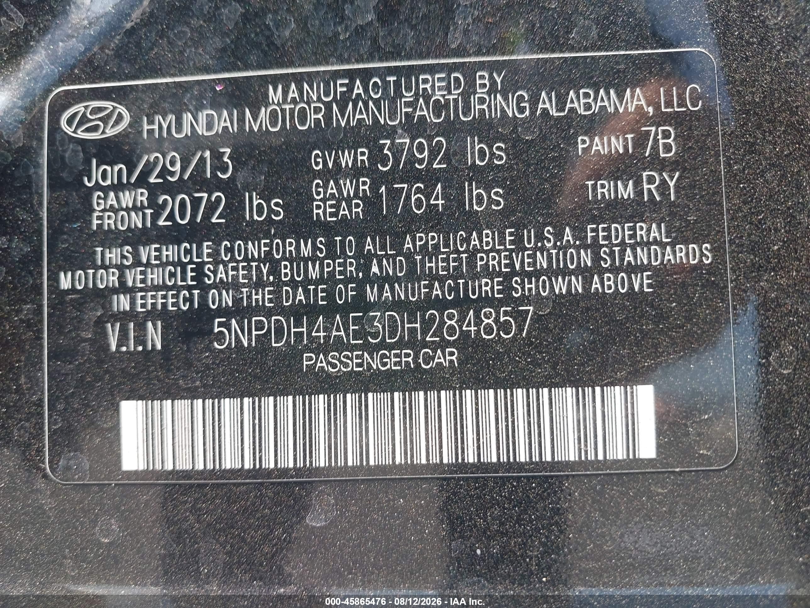 2013 Hyundai Elantra Limited Black vin: 5NPDH4AE3DH284857