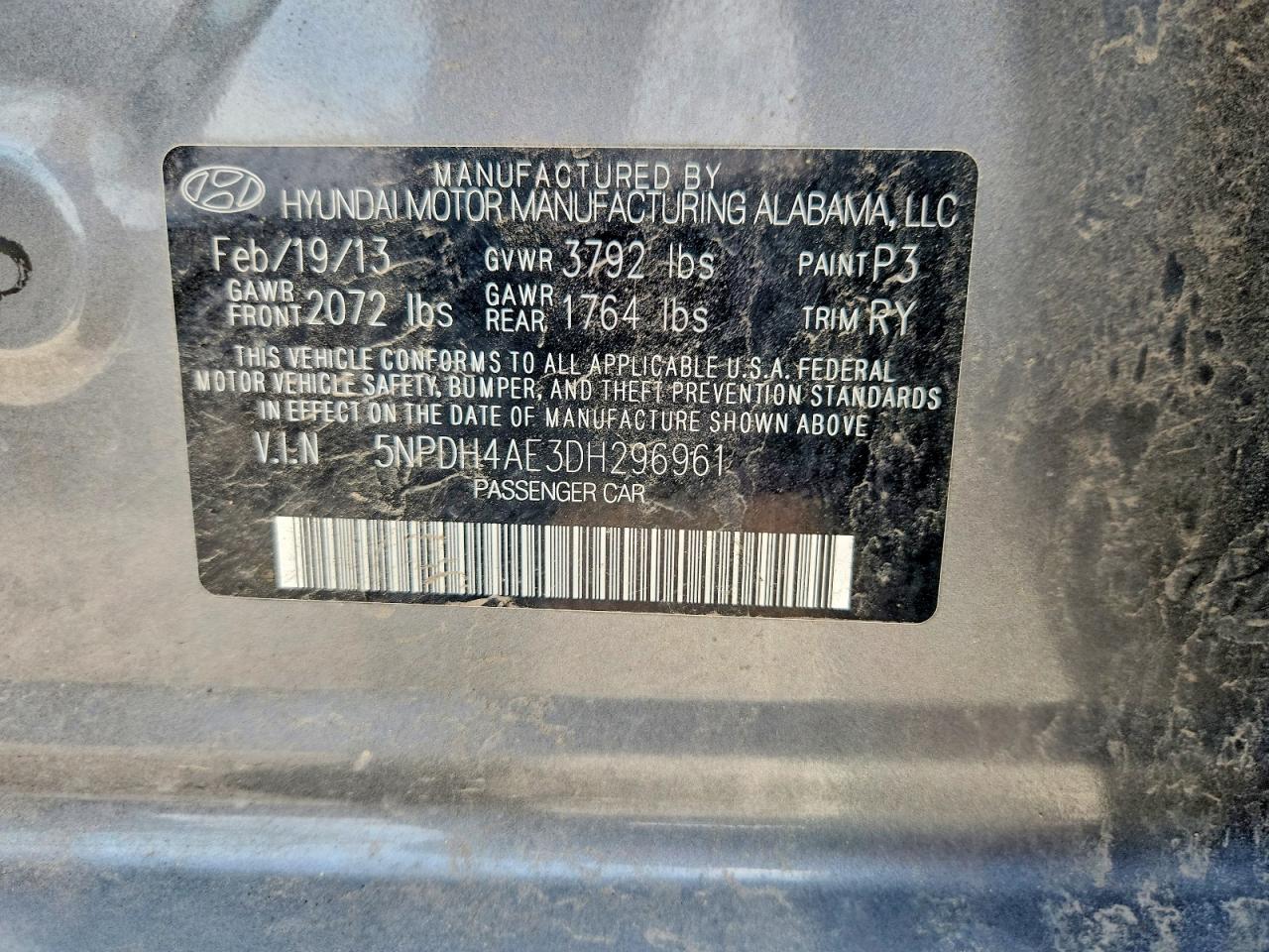 2013 Hyundai Elantra Limited Gray vin: 5NPDH4AE3DH296961
