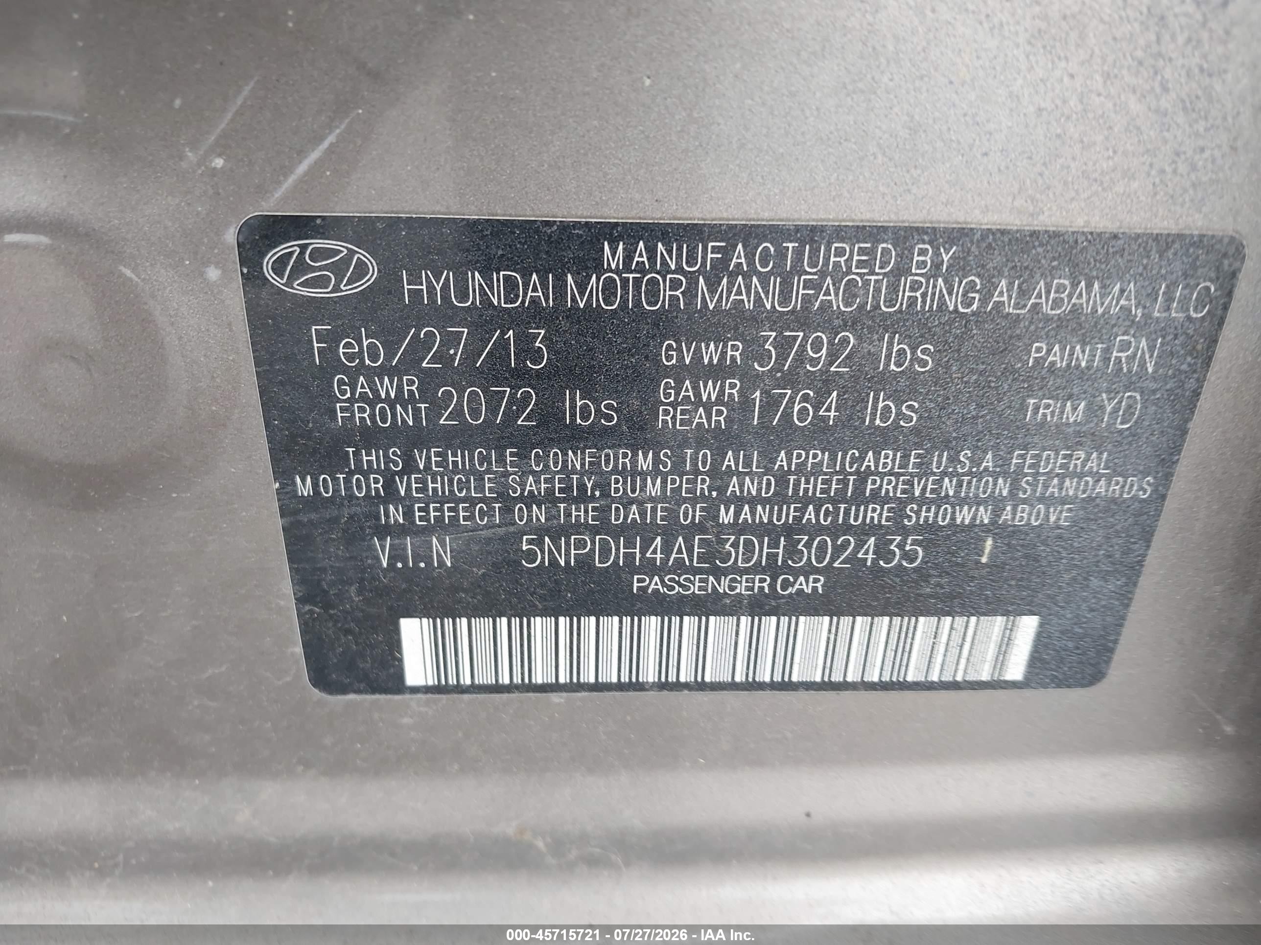 2013 Hyundai Elantra Gls Gray vin: 5NPDH4AE3DH302435