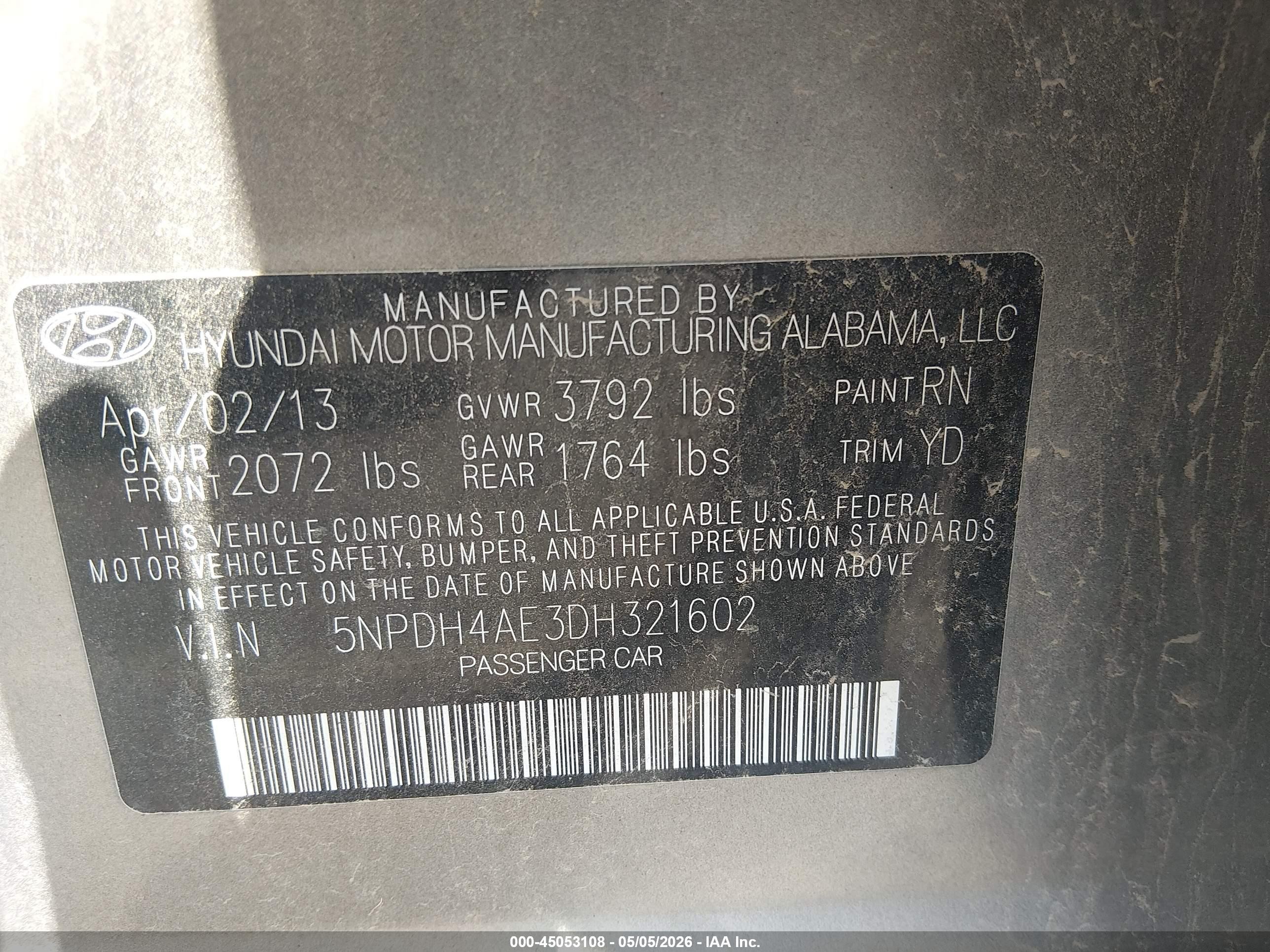 2013 Hyundai Elantra Gls Gray vin: 5NPDH4AE3DH321602