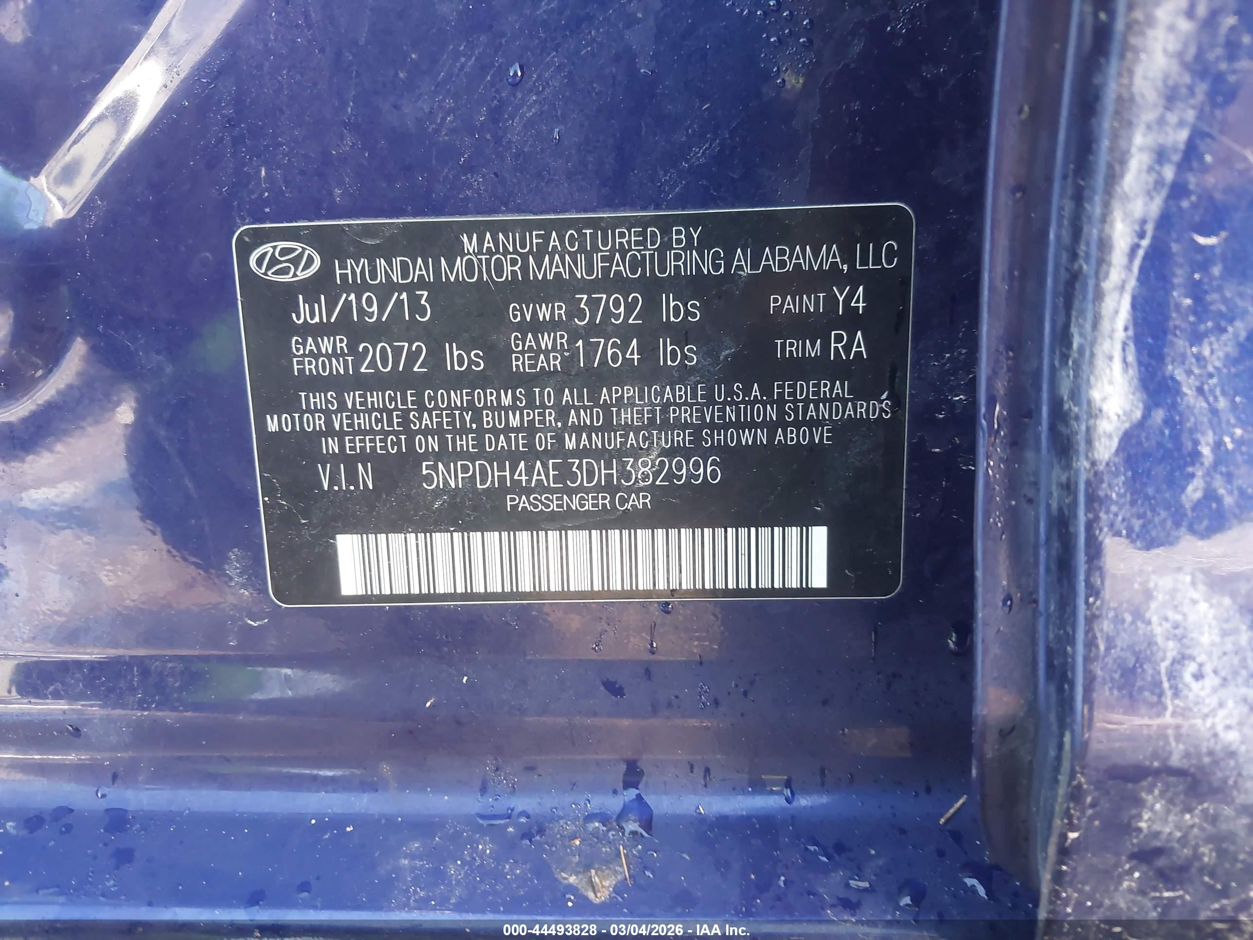 2013 Hyundai Elantra Limited Blue vin: 5NPDH4AE3DH382996