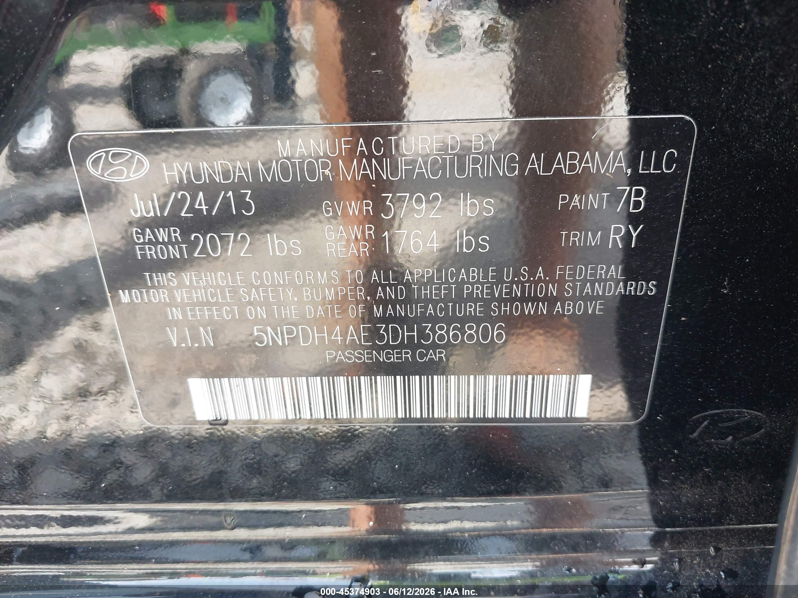 2013 Hyundai Elantra Limited Black vin: 5NPDH4AE3DH386806