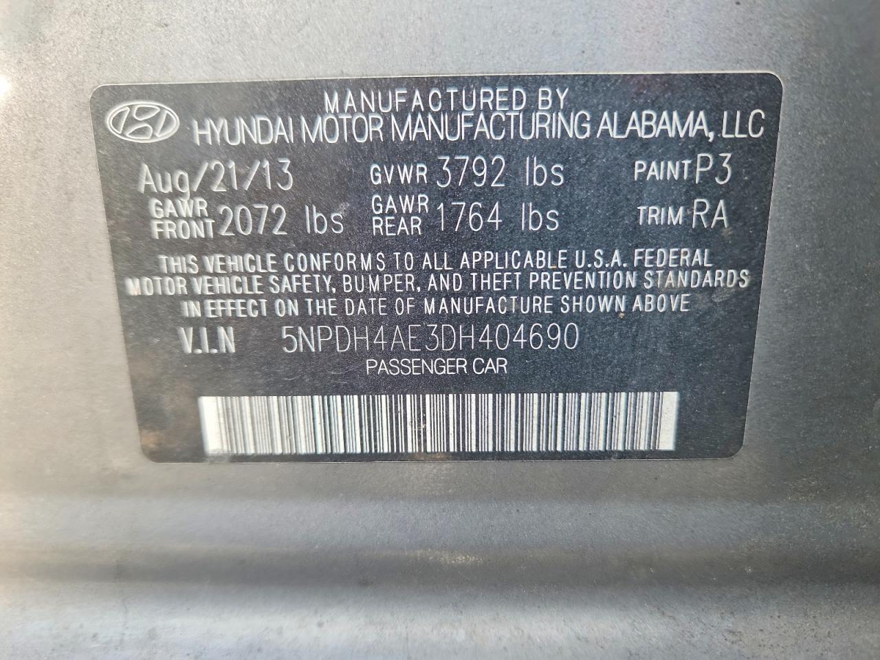 2013 Hyundai Elantra Gray vin: 5NPDH4AE3DH404690