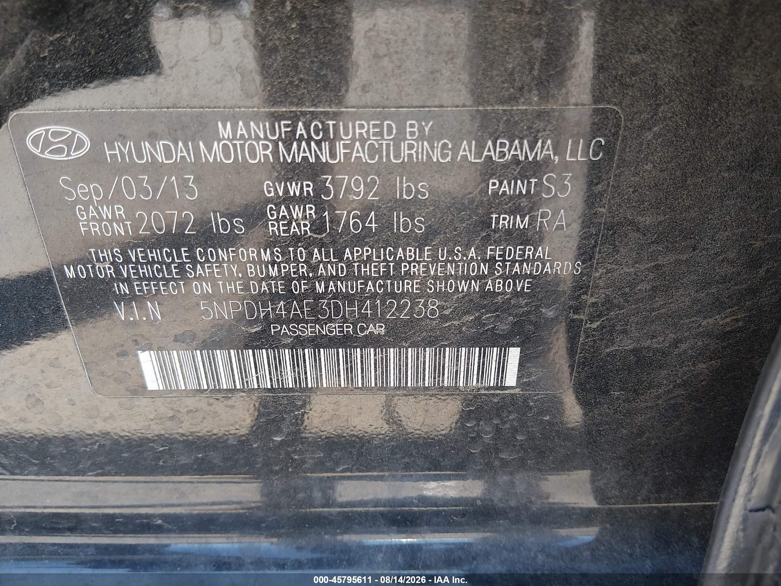 2013 Hyundai Elantra Gls Black vin: 5NPDH4AE3DH412238