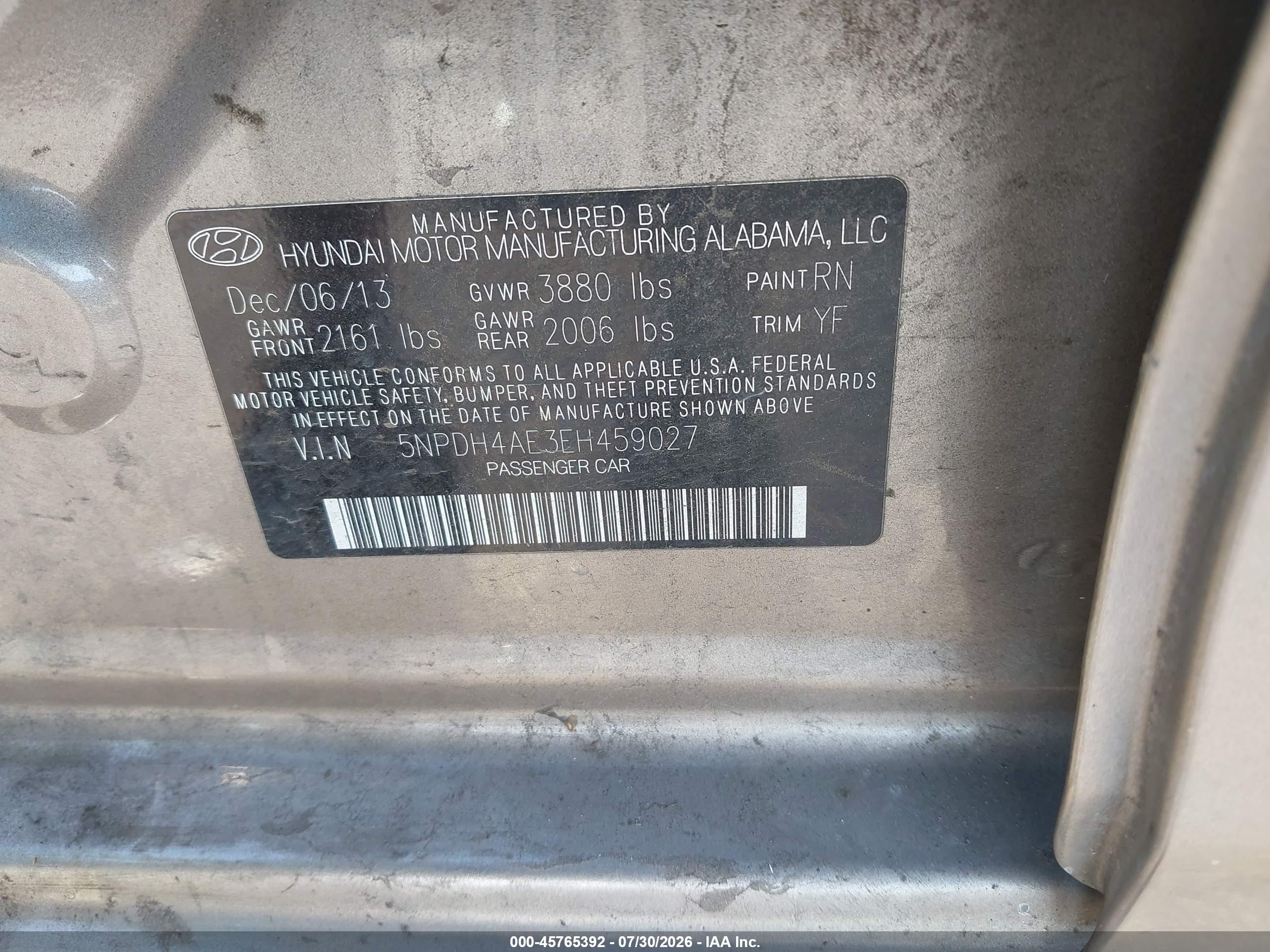 2014 Hyundai Elantra Se Tan vin: 5NPDH4AE3EH459027