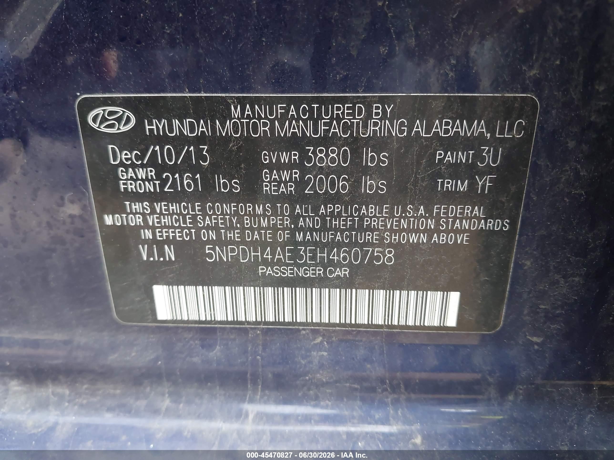 2014 Hyundai Elantra Se Blue vin: 5NPDH4AE3EH460758