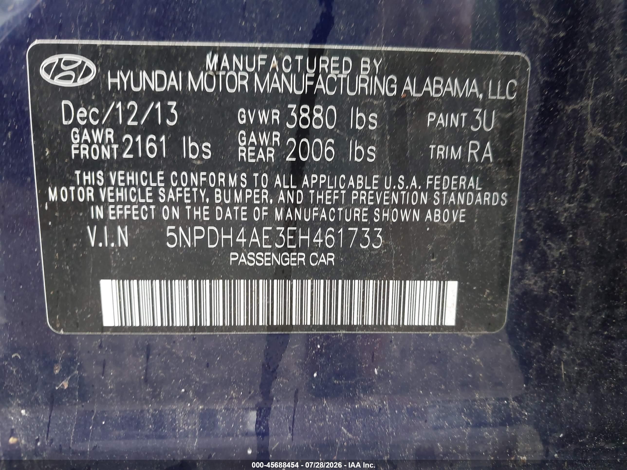 2014 Hyundai Elantra Se Blue vin: 5NPDH4AE3EH461733